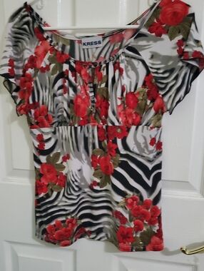 Kress Y2K Fairy Red Floral & Zebra Print Empire Waist Flutter Sleeves Top M